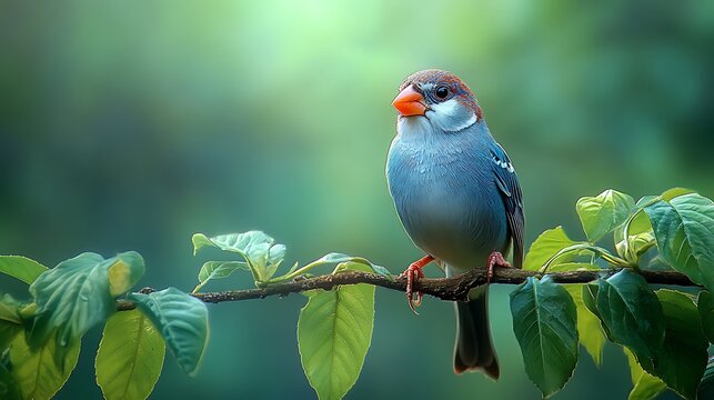 Small bird with orange beak perched on branch green foliage background soft light