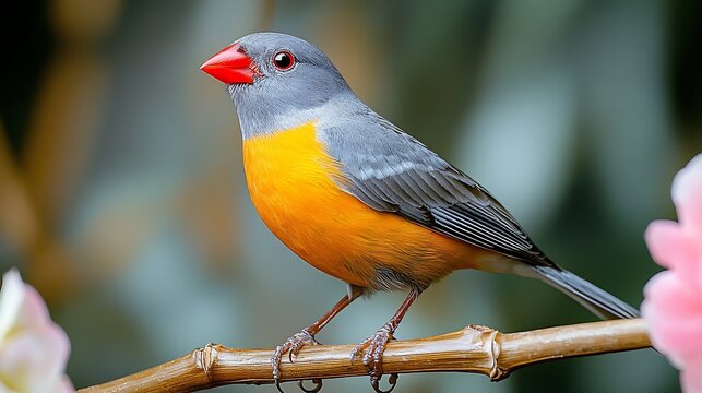 Small bird with orange chest and red beak perched on branch