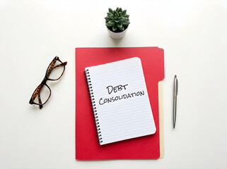 Fototapeta premium Debt consolidation note on a red folder with glasses and a pen on a desk