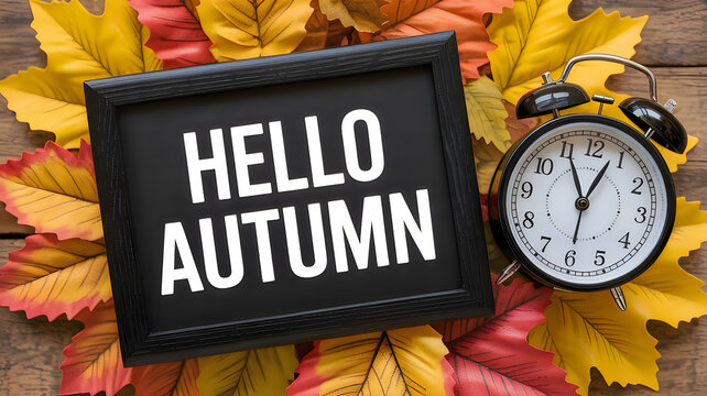 Hello autumn seasonal display with clock and fall leaves on wooden tabletop