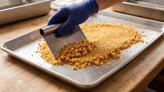 Maple sugar crystal process, Golden granules on tray, Syrup crystallization close up, Hand scraper detail, Clean flat lay