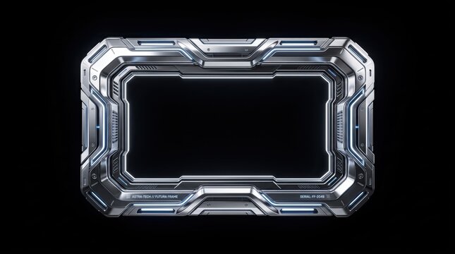 A futuristic metallic frame with glowing blue lights and intricate mechanical details isolated on a solid black background perfect for sci-fi user interface designs and gaming overlays
