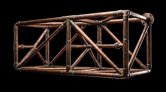 Industrial steampunk style rectangular frame constructed from weathered copper pipes and brass fittings featuring a complex truss design isolated against a solid black background