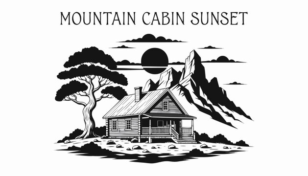Very beautiful black and white realistic vector illustration of a RUSTIC CABIN SUNSET LANDSCAPE featuring a bold d&eacute;cor label reading "MOUNTAIN CABIN SUNSET", engraved wooden cabin, mountain peaks, dra
