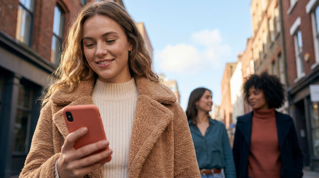 Connected woman using smartphone in warm autumn teddy coat on busy city street