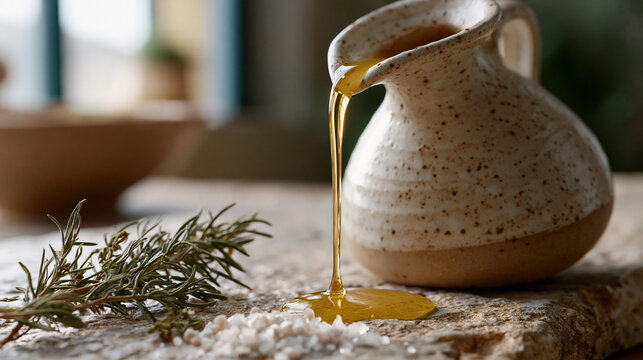 An olive oil pour close up showing a thin golden stream descending from a ceramic spouted jug onto a rough stone surface, the viscous thread catching diffuse window light, a few