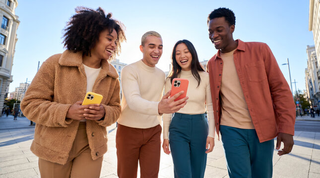 Multicultural friends looking at smartphone in autumn outfits on urban city plaza