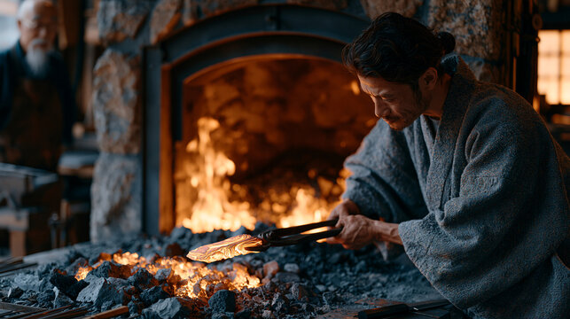 An apprentice in a traditional Japanese knife making forge heats a folded steel blank in a charcoal furnace under the supervision of an elderly swordsmith, tongs gripping the