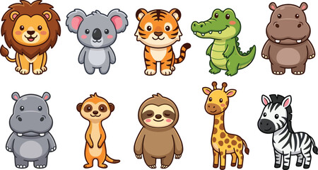 Cute safari animal collection featuring lion koala tiger crocodile hippopotamus sloth giraffe zebra and meerkat cartoon vector set © dhuresh