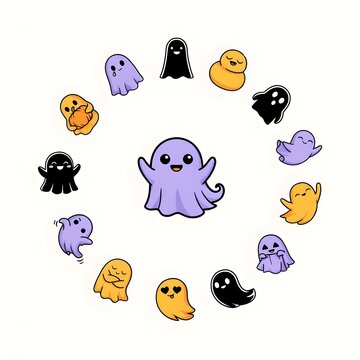Adorable Cartoon Ghost Mascot Set for Halloween Stickers and Vector Clipart