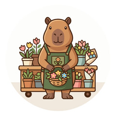 Fototapeta premium Cute Capybara Florist Holding Flower Basket in Flower Shop