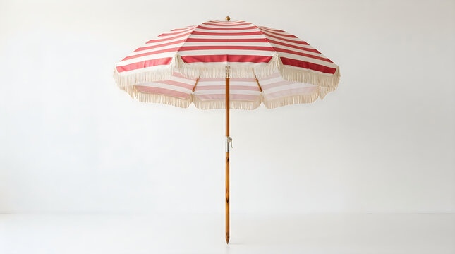Red and white striped beach umbrella with vintage fringe illustration