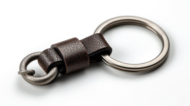 Close-up of a keychain featuring a dark brown leather loop connecting a small silver hook and two metal rings on a white background