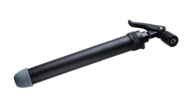 Isolated portable black bicycle hand pump for inflating tires and sports equipment
