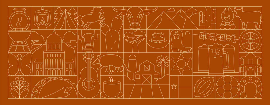 Texas Geometric Line Art Banner and Icons, Art Deco Mosaic Vector Illustration