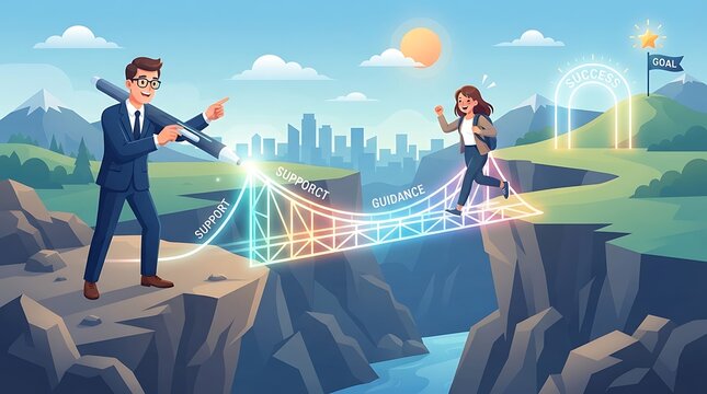 Business people crossing gap on support guidance bridge toward goal