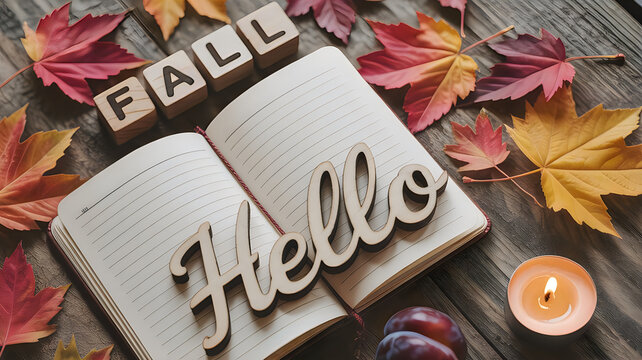 Autumnal welcome open notebook with hello text and fall leaves on rustic wooden tabletop