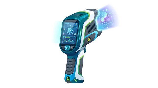 Futuristic sci-fi energy blaster gun firing glowing plasma. High-tech weapon emitting neon blue light for gaming or digital art.