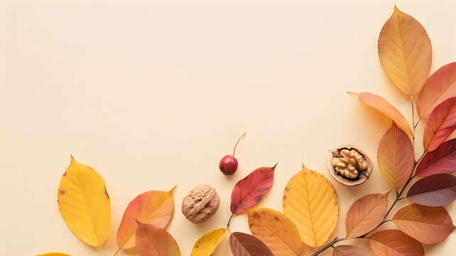 Autumnal flatlay with colorful fallen leaves walnuts and a single cherry on a beige background
