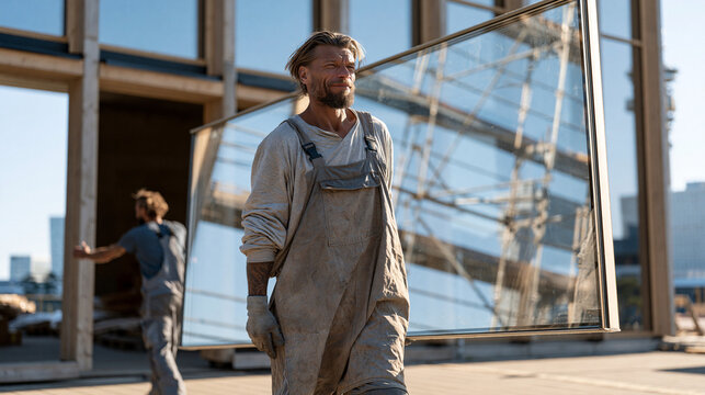 A tall bearded glazier carries a large pane across an urban construction site, reflections of scaffolding and sky distorted across the glass surface, his partner guiding him
