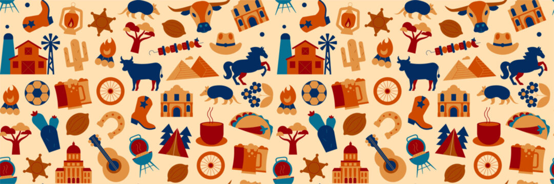 Texas Geometric Icons and Seamless Pattern with Travel, Holiday, Western Culture, Food