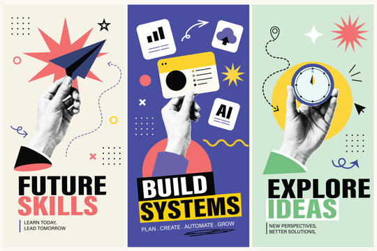 Halftone Collage Poster Set with Hand Holding Paper Plane, Website Screen and Compass. Future Skills Build Systems Explore Ideas Typography. Business Technology and Growth Concept in Retro Pop Art Sty