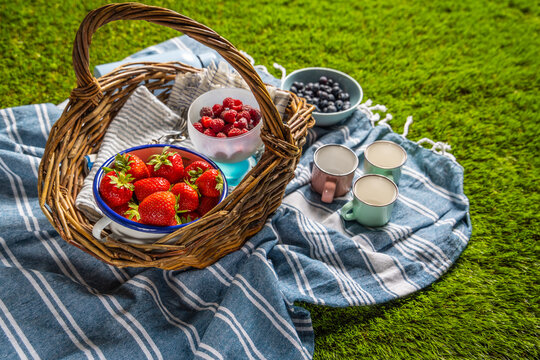 Summer picnic spread with fresh berries and drinks on a grassy lawn