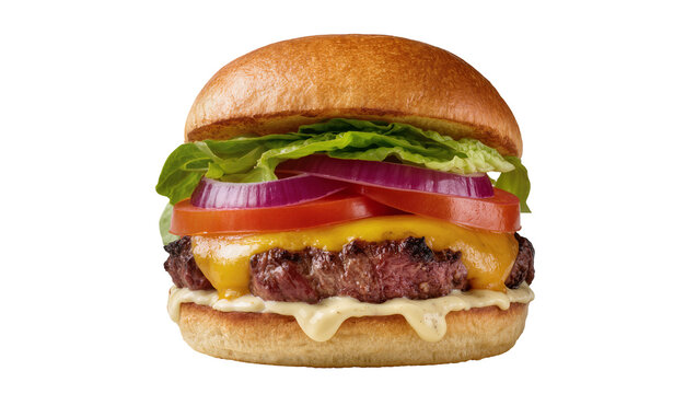 Isolated delicious grilled cheeseburger with fresh vegetables and melted cheese, ready to eat