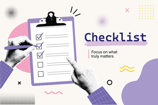 Halftone Collage with Hand Holding Clipboard Checklist. Focus on What Truly Matters Typography. Task Management and Productivity Concept in Retro Pop Art Style