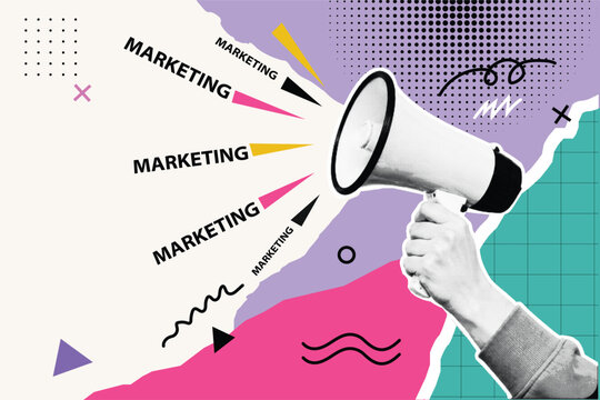 Halftone Collage with Hand Holding Megaphone and Marketing Typography. Advertising and Business Promotion Concept in Retro Pop Art Style with Bold Colorful Shapes