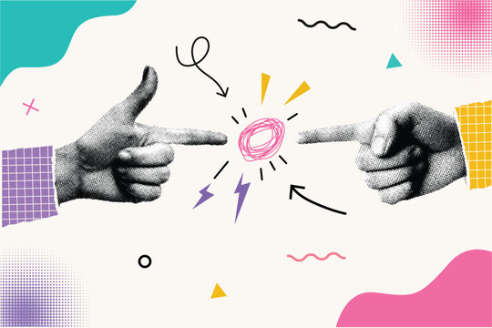 Halftone Collage with Two Hands Pointing Finger Gun Gesture. Conflict and Blame Concept with Scribble Energy. Confrontation and Argument in Retro Pop Art Style
