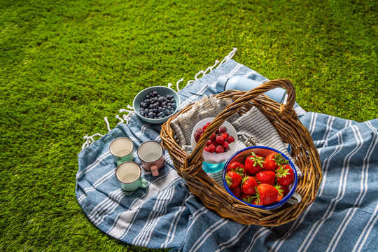Summer picnic spread with fresh berries and drinks on a grassy lawn
