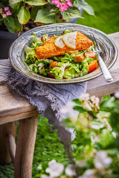 Crispy breaded fish fillet served with fresh green salad and cherry tomatoes