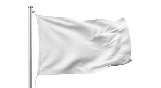 A plain white flag waving gently on a metal flagpole against a white background