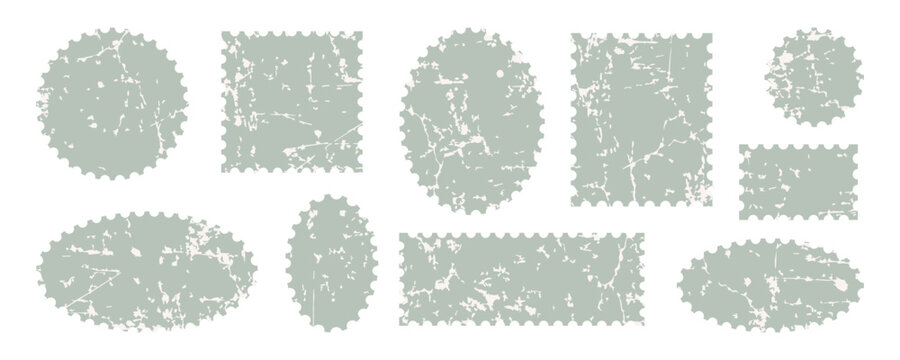 stamp frame postcard ticket postage edge with round oval and rectangle shape. photo paper border postal sticker template with grunge texture and sage layout. vintage set kit mockup element