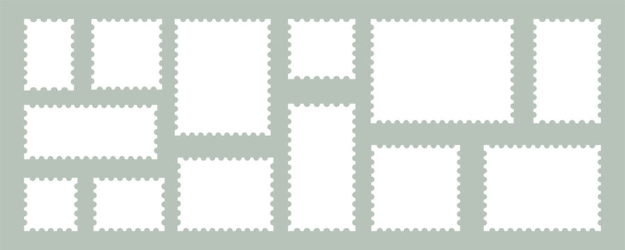 stamp frame postcard ticket postage edge for photo paper border. postal letter sticker template with scallop sample and blank white layout. clean set kit mockup element for cover clipart