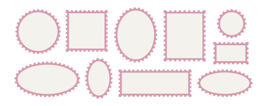 stamp frame postcard ticket postage edge for photo paper border. postal letter sticker template with oval round and pink blank layout. 
