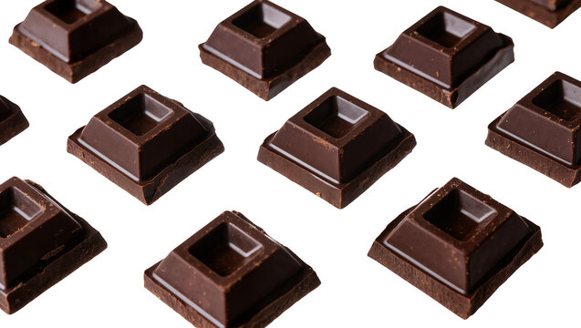 Isolated delicious dark chocolate squares arranged in a pattern, tasty sweet dessert snack