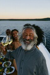 Fototapeta premium Older man raising a wine glass with friends on a yacht at sunset for portrait background and celebratory banner highlighting multigenerational summer gathering