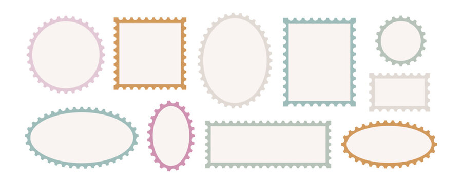 stamp frame postcard ticket postage edge for photo paper border. postal letter sticker template with oval round and square shape. pink blue beige set kit mockup element for cover clipart.