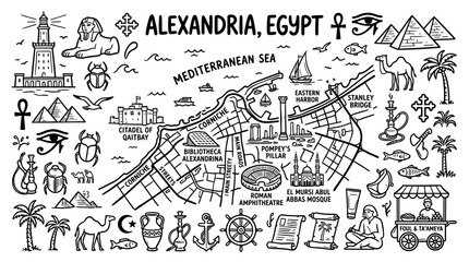 Obraz premium Alexandria Egypt Landmarks and Travel Doodles in Black Line Art Style