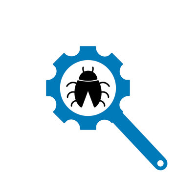 Bug fixing icon featuring bug symbol and gear. Visual representation of software debugging, maintenance, system configuration, and optimization.