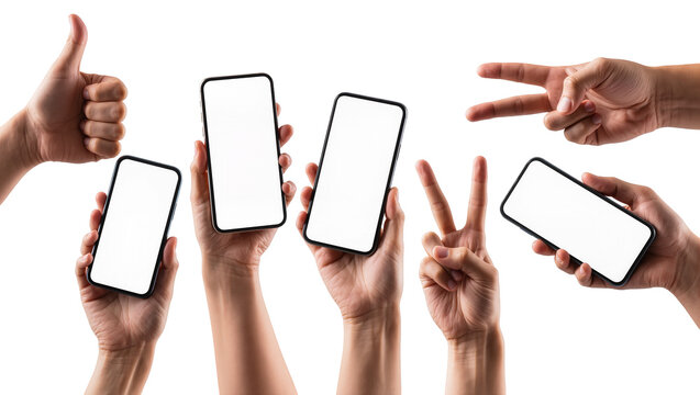 Isolated multiple hands holding blank screen smartphones and showing popular communication gestures