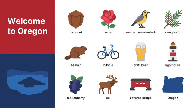 Collection of flat vector icons featuring iconic symbols and natural elements representing the scenic landscapes and state culture of Oregon