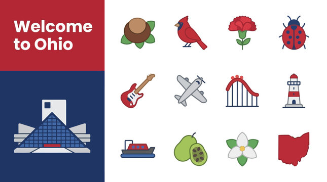 Colorful Flat Icon Set Representing Iconic Landmarks Symbols and Natural Wonders of Ohio State Tourism