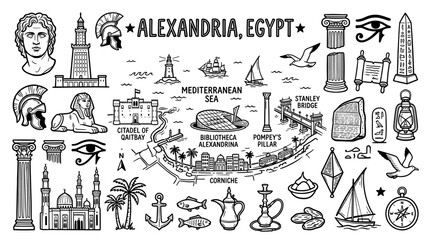 Obraz premium Alexandria Egypt Landmarks and Travel Doodles in Black Line Art Style