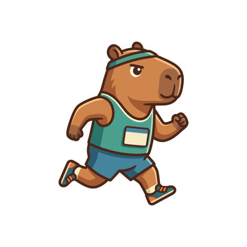 Cartoon Capybara Running in Athletic Gear, Fitness and Sport Concept