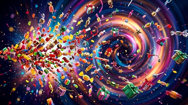 A swirling vortex of colorful candies and gift boxes in a vibrant, celebratory explosion