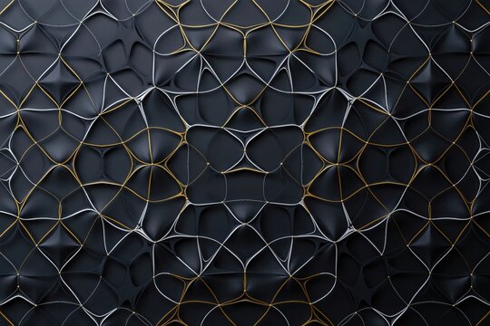 Intricate 3d geometric pattern featuring interconnected organic web-like structures in matte black with metallic gold and silver edge highlights