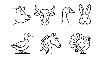 Naklejka premium Simple line icon set of farm animal heads including pig, cow, goose, rabbit, duck, horse, and turkey.